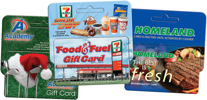 Custom plastic hanging display gift cards for Academy, 7-11, and Homeland
