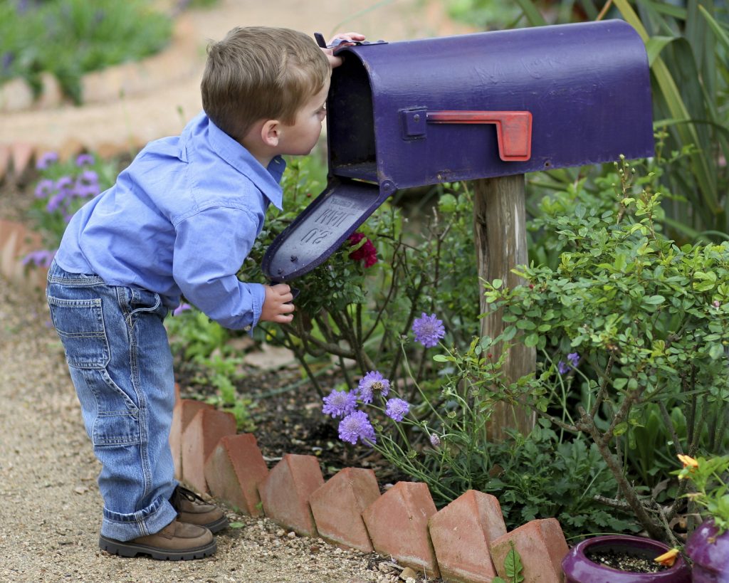 Little boy looking in mailbox