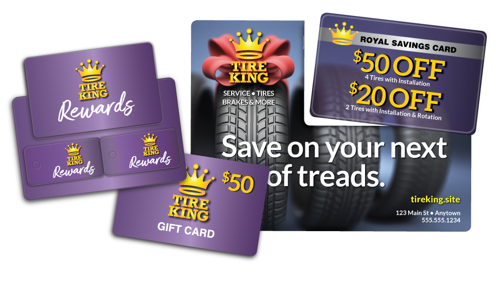 Tire Shop gift card, rewards card and Acclaim plastic postcard
