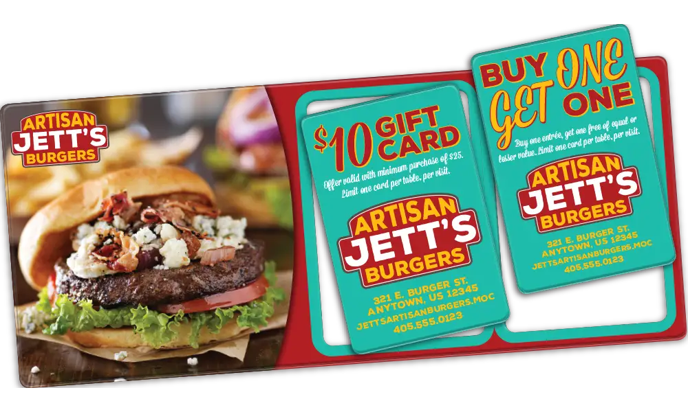 Burger restaurant AcclaimMailer™ plastic postcard featuring two pop-out offer cards