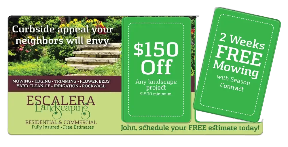 Landscaping postcard offering $150 off projects and two weeks free mowing promotion
