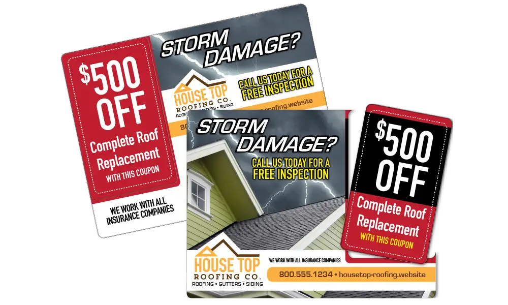 Roofing postcard promoting storm damage inspections and $500 off roof replacement