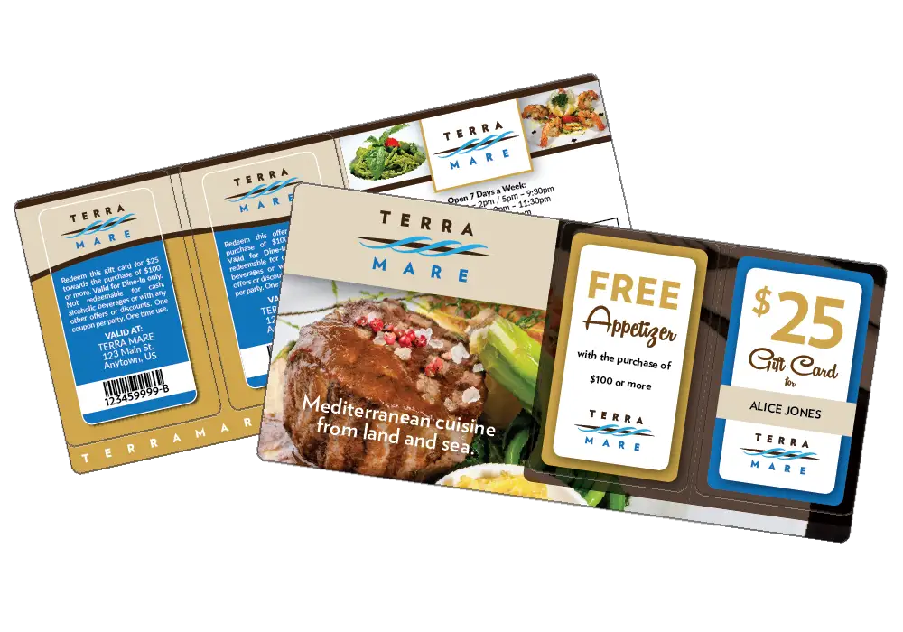 Steakhouse Restaurant direct mail plastic postcard with two offers