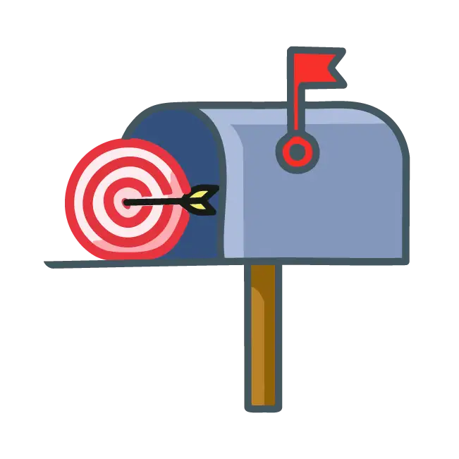 Icon of an open mailbox with a target to represent targeted mailing lists