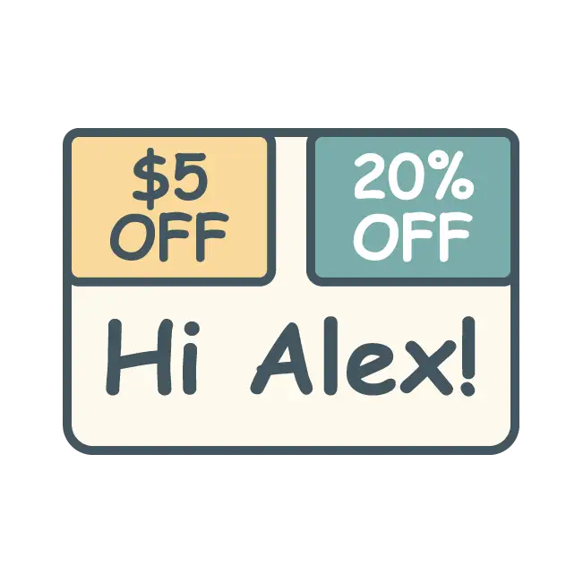 Icon showing a personalized postcard that with a coupon for $5 off and 20% off.